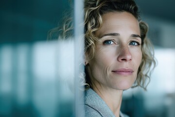 Thoughtful mature European business woman executive standing alone in modern office after hours. Senior professional female leader in her late 40s reflecting on workload and mental focus