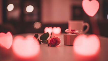 Romantic valentine s day setting with rose gift and glowing candlelight