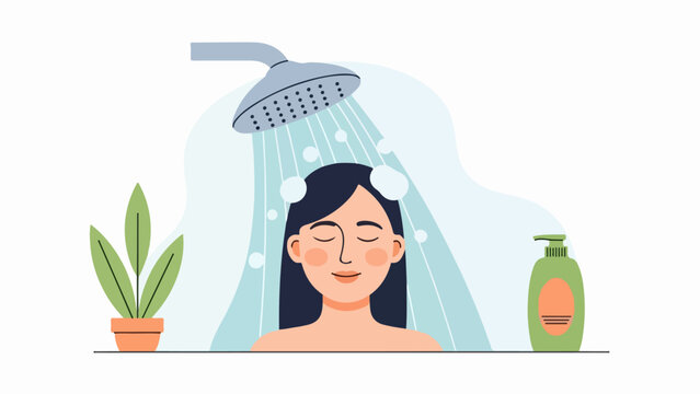 Woman with long dark hair standing under a cascading shower with green potted plant and shower products
