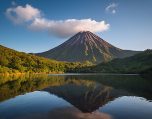 Obraz premium Volcanic Mountain in the morning light reflected in the calm waters of the lake—Mount Fuji in Japan.