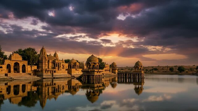 sunset view gadi sagar temple gadisar lake jaisalmer india video timelapse