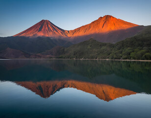 Fototapeta premium Volcanic Mountain in the morning light reflected in the calm waters of the lake—Mount Fuji in Japan.