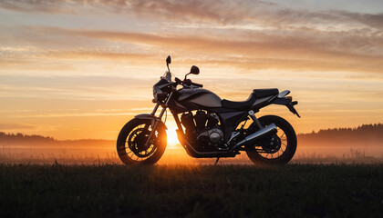 Fototapeta premium A solitary motorcycle silhouetted against a breathtaking sunrise, a perfect symbol of freedom, adventure, and the promise of a new journey on the open road