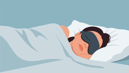 Minimalist illustration of a woman sleeping with a blue sleep mask on a white pillow