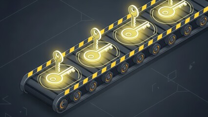Conveyor Belt with Glowing Golden Keys Representing Security and Production.