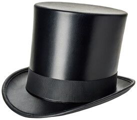 Sleek, classic black silk top hat with a gently curved brim and a satin ribbon band, presented at a slight angle to showcase its cylindrical form, illuminated by, isolated on transparent background.