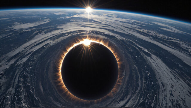 Blick aus dem Weltraum auf die Erde w&auml;hrend einer totalen Sonnenfinsternis