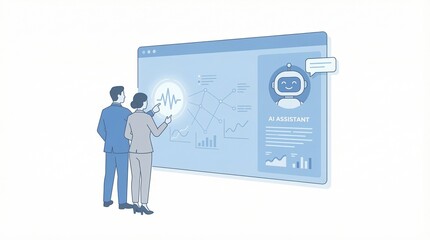Fototapeta premium Two professionals interacting with a large screen featuring a robot and data charts.