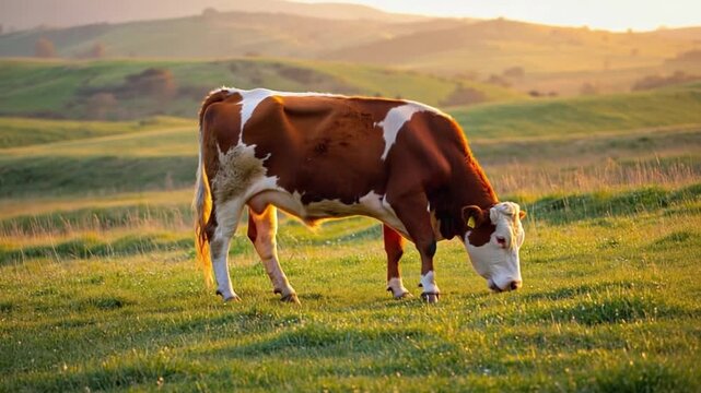 calm hereford cow grazing sunset farm video