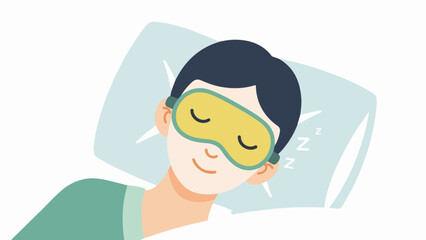 Woman resting with sleep mask on light blue pillow against calming blue background