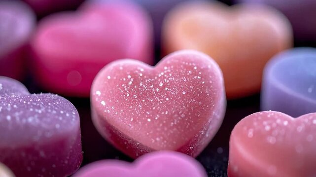 Colorful heart-shaped candies with a sugary coating, perfect for Valentine's Day treats.