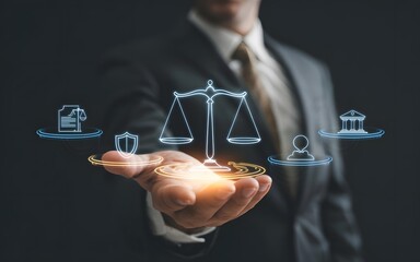 Law and justice concept with a hand holding digital icons of legal symbols