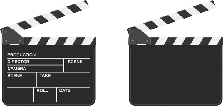 Movie clapperboard vector set, film slate production icons, blank and labeled cinema director tools