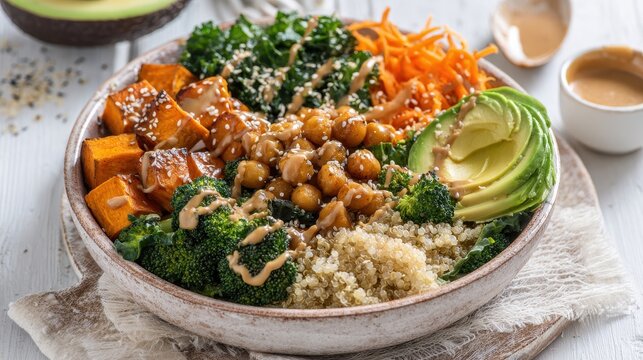 Vegan Power Bowl with Roasted Sweet Potatoes, Chickpeas, Quinoa, Kale, Broccoli, and Avocado, Drizzled with Creamy Tahini Dressing.