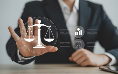 A businesswoman displaying a holographic projection of justice scales and legal data analytics