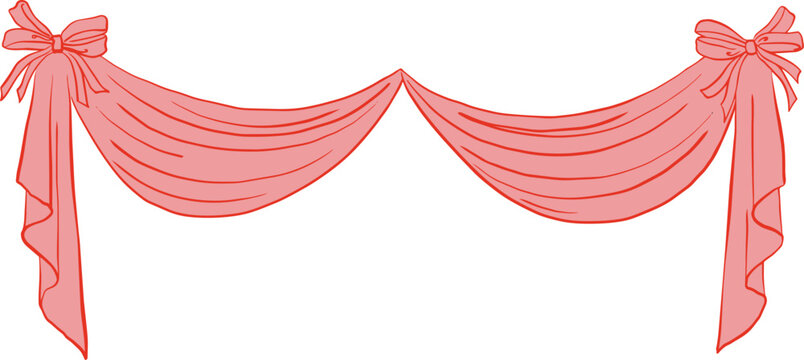Pink fabric drapery swag with bows, elegant hand-drawn line art garland illustration.