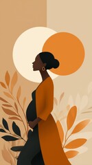 Pregnant woman in dress, gracefully posing against colorful abstract background, showcasing beauty and strength of motherhood with floral elements enhancing scene. illustration of expectant mother