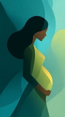 Pregnant woman in dress, gracefully posing against colorful abstract background, showcasing beauty and strength of motherhood with floral elements enhancing scene. illustration of expectant mother