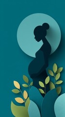 Pregnant woman in dress, gracefully posing against colorful abstract background, showcasing beauty and strength of motherhood with floral elements enhancing scene. illustration of expectant mother