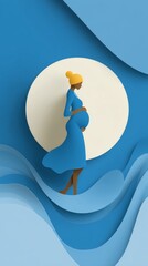 Pregnant woman in dress, gracefully posing against colorful abstract background, showcasing beauty and strength of motherhood with floral elements enhancing scene. illustration of expectant mother