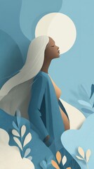 Pregnant woman in dress, gracefully posing against colorful abstract background, showcasing beauty and strength of motherhood with floral elements enhancing scene. illustration of expectant mother