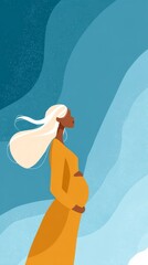 Pregnant woman in dress, gracefully posing against colorful abstract background, showcasing beauty and strength of motherhood with floral elements enhancing scene. illustration of expectant mother