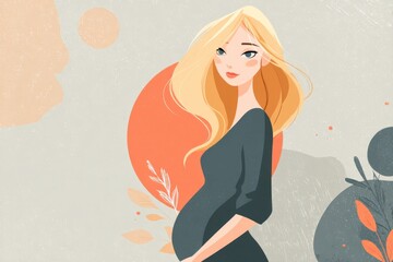 Pregnant woman in dress, gracefully posing against colorful abstract background, showcasing beauty and strength of motherhood with floral elements enhancing scene. illustration of expectant mother