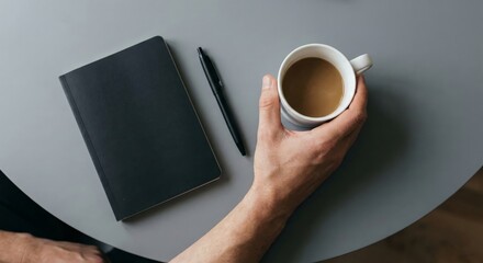 Man holding coffee cup with notebook and pen on table