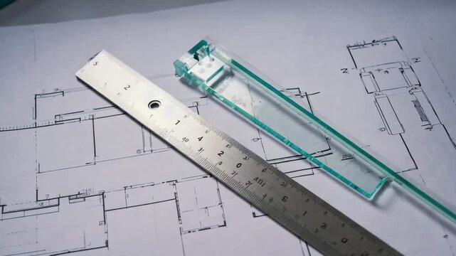  An architect's ruler and set square rest geometrically on a large, blank blueprint paper The camera slowly glides over the tools from above, with subtle handheld motion Light shifts gent 4K