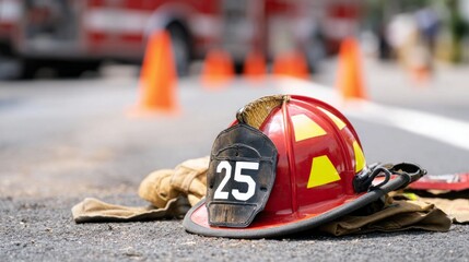 Firefighter helmet and protective gear lying on pavement during emergency response, fire truck in background