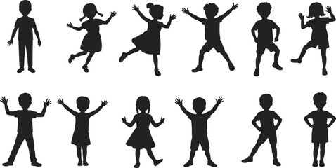 Obraz premium Silhouettes of children dancing, jumping, standing, arms raised, expressive poses, black figures, gesture, posture, motion, playful activity, joy