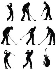 Naklejka premium Set of Golf Player Silhouettes in Different Swing and Action Poses – Black Vector Illustration