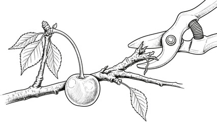 Cherry tree pruning illustration with shears cutting fruit branch for orchard care guides