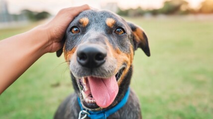 Happy dog enjoying head massage, human hand stroking loyal companion outdoors, animal pet friendship bonding
