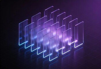 Futuristic isometric glass panels data visualization. Dark neon gradient background, modern technology abstract for AI, cloud computing, analytics, blockchain, cybersecurity, business presentation, 