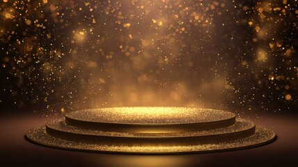 Elegant golden podium with sparkling particles and light rays illuminating the stage, perfect for award ceremonies and celebrations.