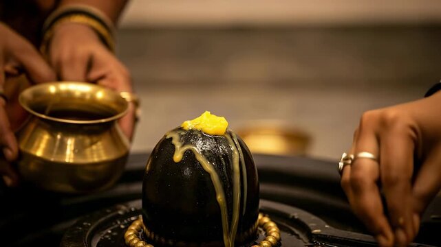 A Devout Hand Preparing a Shiva Lingam for Worship by Offering Milk and Ghee in a Traditional Indian Ceremony of Rituals and Prayer
