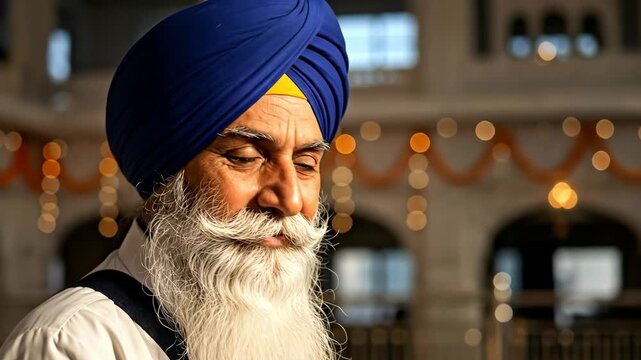 Elderly Sikh Man in Traditional Blue Turban with White Beard Smiling at a Sikh Temple with Warm Lighting and Cultural Decorations