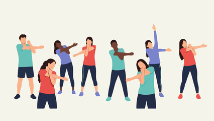 Fototapeta premium Diverse group of seven people in dynamic athletic poses with vibrant colors
