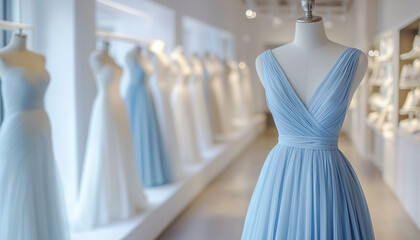 Elegant blue and white gowns displayed on mannequins inside a modern boutique. Various styles of dresses are presented in clear display