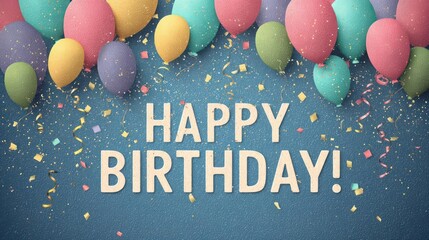 Festive happy birthday message with colorful balloons and confetti scattered on a textured blue background