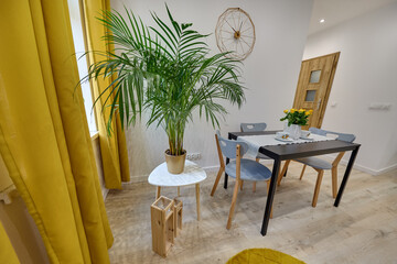 Salon w nowoczesnym apartamencie – jadalnia ze stolikiem z talerzami, duży zielony kwiat w doniczce © arteffect.pl