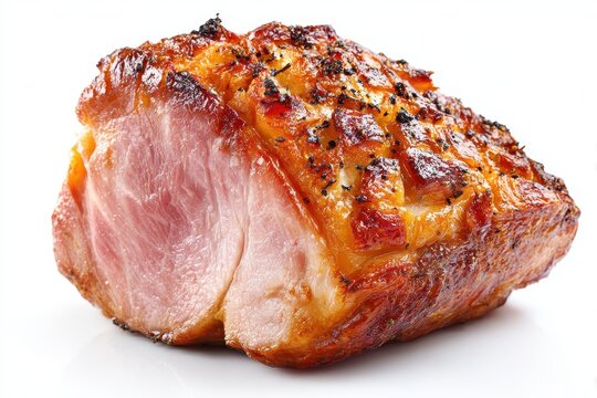 Whole roasted and glazed holiday ham isolated on a white background. Perfectly cooked pork shoulder or leg with caramelized skin and spices, ready for carving.