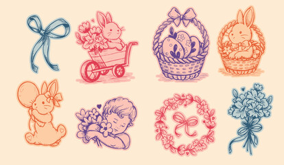 Evergreen spring cottagecore sticker pack with isolated hand drawn bunnies, baskets, eggs and florals. Playful sketch style for Easter, spring holidays and seasonal designs.