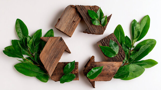 Recycle symbol made of wood and green leaves. Symbolizes eco friendly process, nature, green energy and conservation. Use for environment, sustainability and nature themes. Use for earth day content