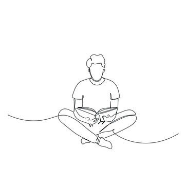 Man sitting cross-legged reading a book in a minimalist line drawing style.