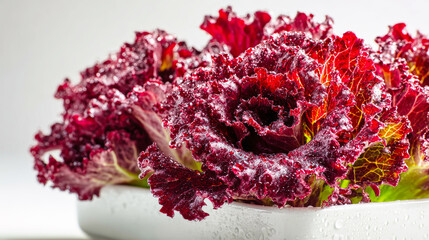 Close-up view of vibrant red lettuce with dew drops, highlighting the rich textures and colors in a white rectangular container against a clean background