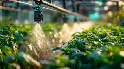 High-resolution close-up shows a misting system in action, watering lush lettuce plants in a modern greenhouse setting, emphasizing smart farming technology