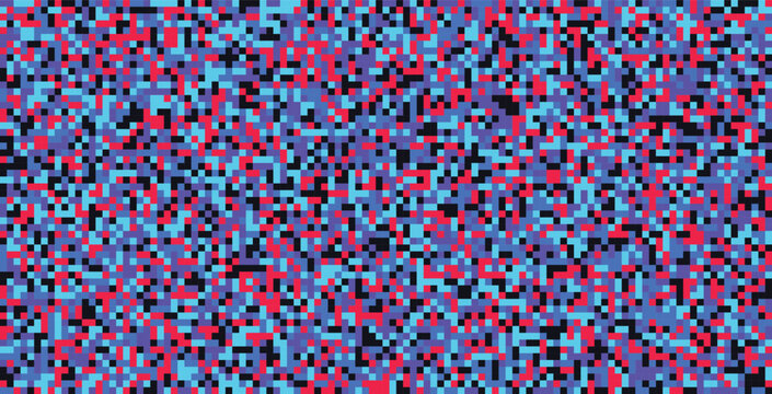 A visually noisy abstract pixelated pattern background composed of small, randomly distributed pixels in shades of blue red and black