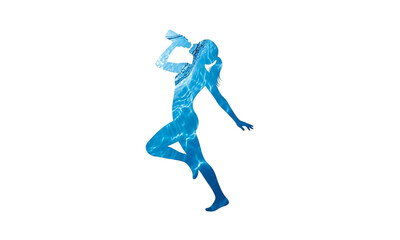 Blue silhouette of a woman drinking water on a transparent background, emphasizing health and hydration.